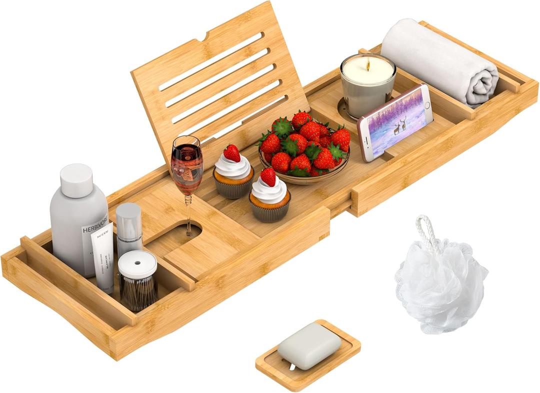 Bamboo Bathtub Tray for Luxury Bathroom, Expandable Premium Bath Tray w/Soap Towel Book Holder, Adjustable Bath Accessories for Tub,Extendable Tub Tray w/Wine Glass Cup Organizer 29.5"-43.3" Nature (Beige)