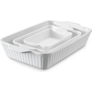 DOWAN Casserole Dishes for Oven, Baking Dishes Set, Ceramic Bakeware Sets of 3, Lasagna Pan Deep, Rectangular Baking Pan Set with Handles for Baking, Casserole, Kitchen, Wedding Gift, White (15.6''/12.2''/8.9'')