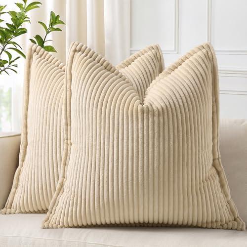 decorUhome Corduroy Beige Throw Pillow Covers 26x26 Set of 2 Decorative Soft Boho Striped Neutral Farmhouse Couch Pillow Covers with Broadside for Living Room Bed Sofa