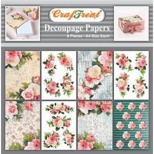 CrafTreat Rose decoupage Paper for Crafts - Romantic Flowers - Size: A4 (8.3 x 11.7 Inch) 8 Pcs - Decorative Paper for decoupage - Floral decoupage Paper for Furniture, Wood and Scrapbooking