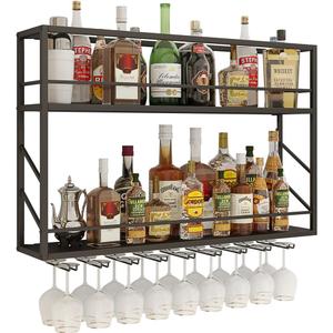 Wall Mounted Wine Rack 2 Tier, Metal Bar Liquor Shelves and Glass Holder,Wall Bar Shelf Wine Display Storage Holder for Home Bar, Dining Room, Kitchen(31.47.826in)