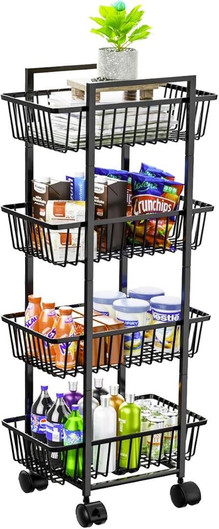 Simple Trending 4 Tier Rolling Fruit Vegetable Basket Cart, Metal Wire Kitchen Storage Organizer on Wheels for Bread Onion Potatoes, Black