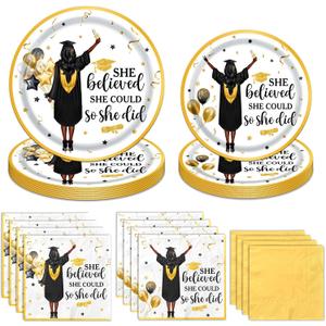 Graduation Plates and Napkins, She Believed She Could So She Did Graduation Decorations Black Gold Grad Dinnerware Set for 2026 College High School Congrats Grad Party Decorations, Serve 25
