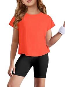 ZDC Girls Athletic Yoga Shirts Summer Short Sleeve Quick Dry Crop Tops Basic Gym Tees, 13-14 Years Bright Orange