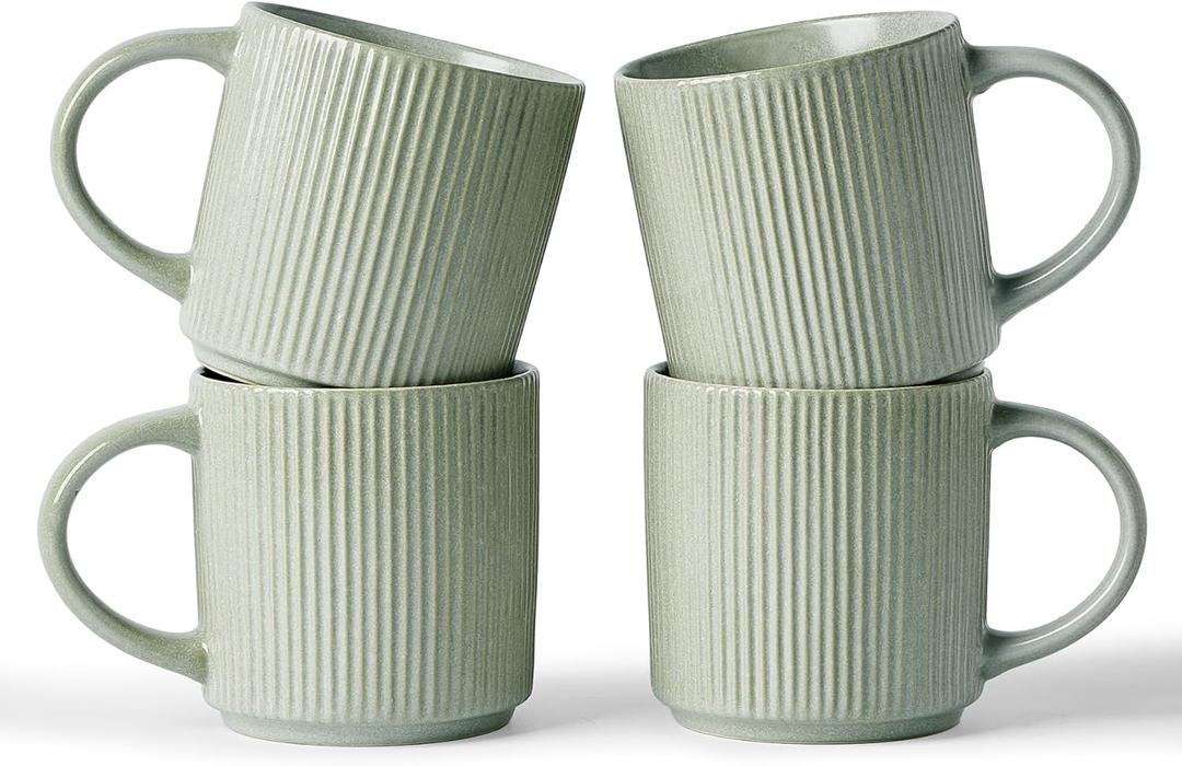 Famiware Coffee Mug Set for 4, Star 12 oz Catering Mugs Cup Set with Handle for Coffee, Tea, Cocoa, Milk - Ceramic Stoneware Drinkware Set, Matte Green
