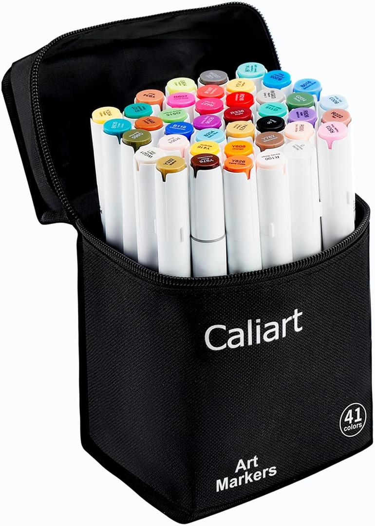 Caliart Art Markers, 41 Colors Alcohol Based Markers Pen Set Colored Dual Tip Fine & Chisel Permanent for Adults Coloring Book Drawing Illustration Sketch Highlighters Card Making