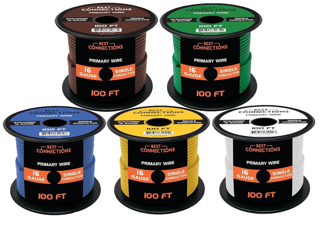 Best Connections 16 Gauge Automotive Primary Wire (Various Color/Size Options) Durable Primary/Remote Power/Ground Electrical Wiring for Automotive Speaker Lighting Circuits (100 Feet, 5 Rolls)
