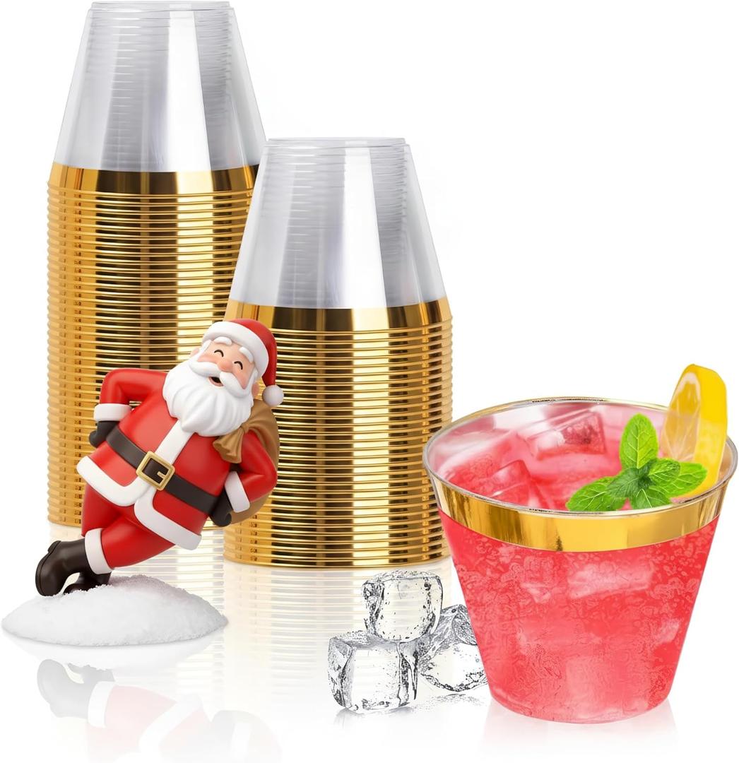 Goodluck 50PCS 9oz Gold Disposable Cups, Plastic Cups with Gold Rim, Cocktail Cups for Wedding, Party and Birthday