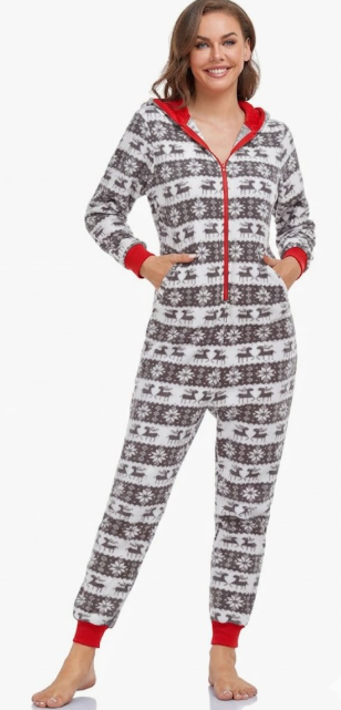 CF Matching Christmas Pajamas for Couples One-Piece Hooded Adult Onesies Holiday Family Sleepwear Jumpsuits Pjs for Women (Medium, Gray)