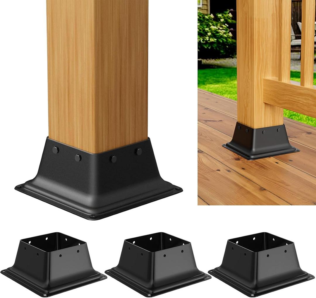 4x4 Post Base 4Pcs, Internal 3.58"x3.58" Heavy Duty Powder-Coated Steel Post Bracket Fit for Standard Wood Post Anchor, Decking Post Base for Deck Porch Handrail Railing Support
