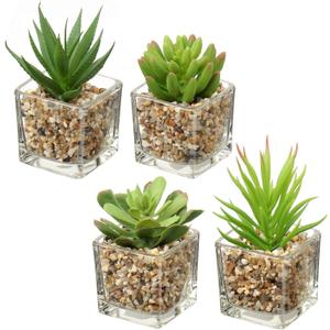 Briful Set of 4 Succulents Plants Artificial in Clear Glass Pots Small Fake Succulents Plants Mini Faux Plants Indoor for Window Sill Office Table Desk Shelf Bathroom Decor