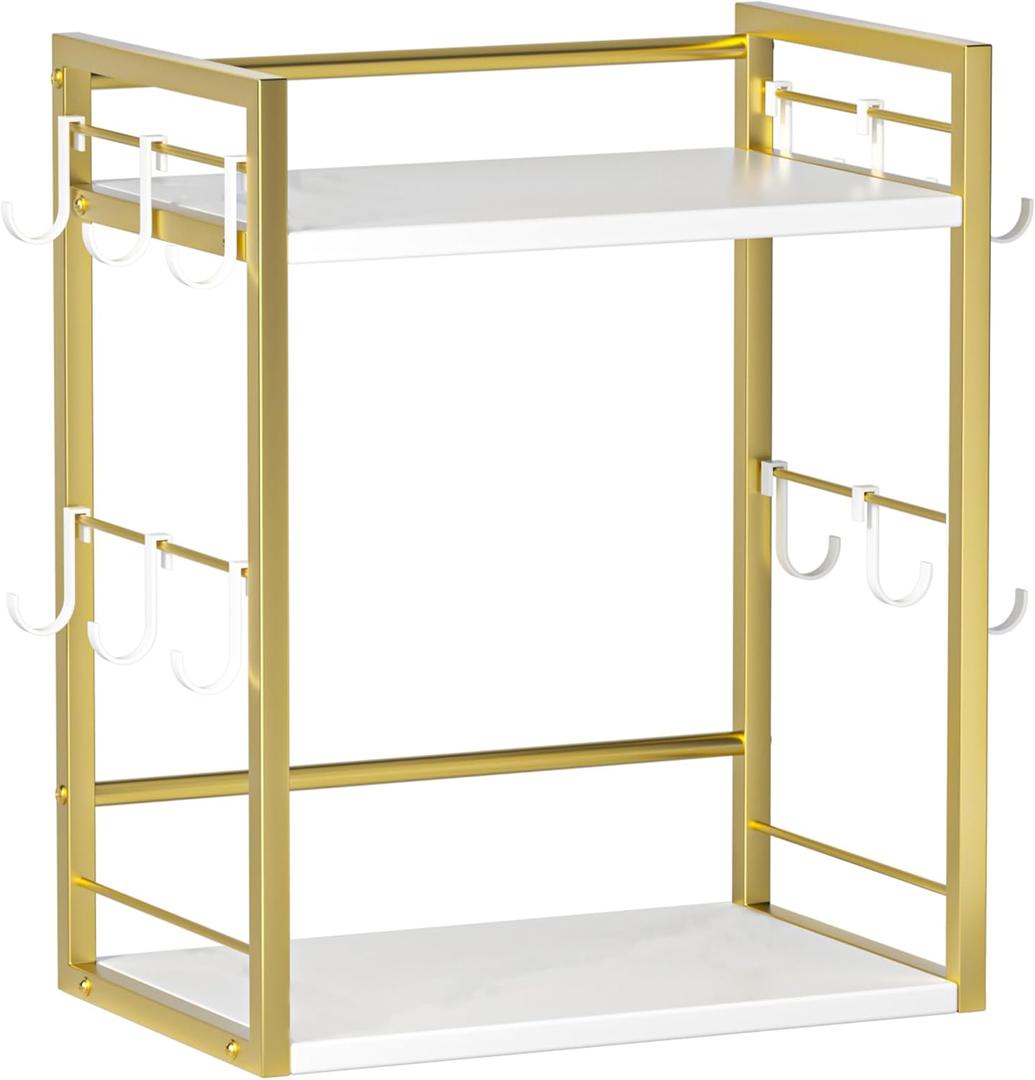 Dorhors 2 Tier Coffee Bar Accessories and Organizer,Multifunctional Mug Holder with 12 Hooks,Wood Coffee Station Organizer,Kitchen Countertop Shelf (Gold + White)