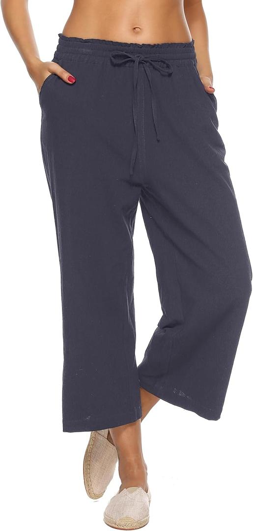 LNX Womens Linen Capri Pants Wide Leg High Waisted Drawstring Casual Cropped Pants with Pockets, 4XL