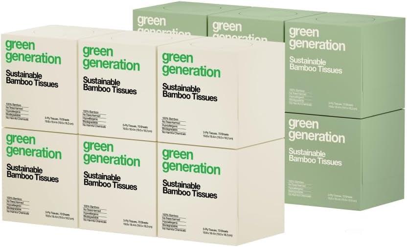 Green Generation Bamboo Facial Tissues Cube Boxes - 3-Ply, 70 Sheets/Box, 12 Multicolor Face Tissue Boxes, 840 Unscented Organic Soft Paper Facial Tissuefor Daily Use - Hypoallergenic,FSC Certified