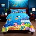 Marine Animals Comforter Set Twin,Shark Octopus Turtle Coral Bedding Set,Underwater World Cartoon Quilt Set 2Pcs for Kids Teens Adults Room Decor,Sea Blue Duvet Insert with 1 Pillowcase