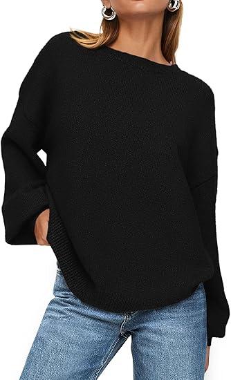 PRETTYGARDEN Women's Fall Sweaters Casual Crew Neck Long Sleeve Pullover Tops Ribbed Knit Loose Fit Winter Clothes, Medium, Black
