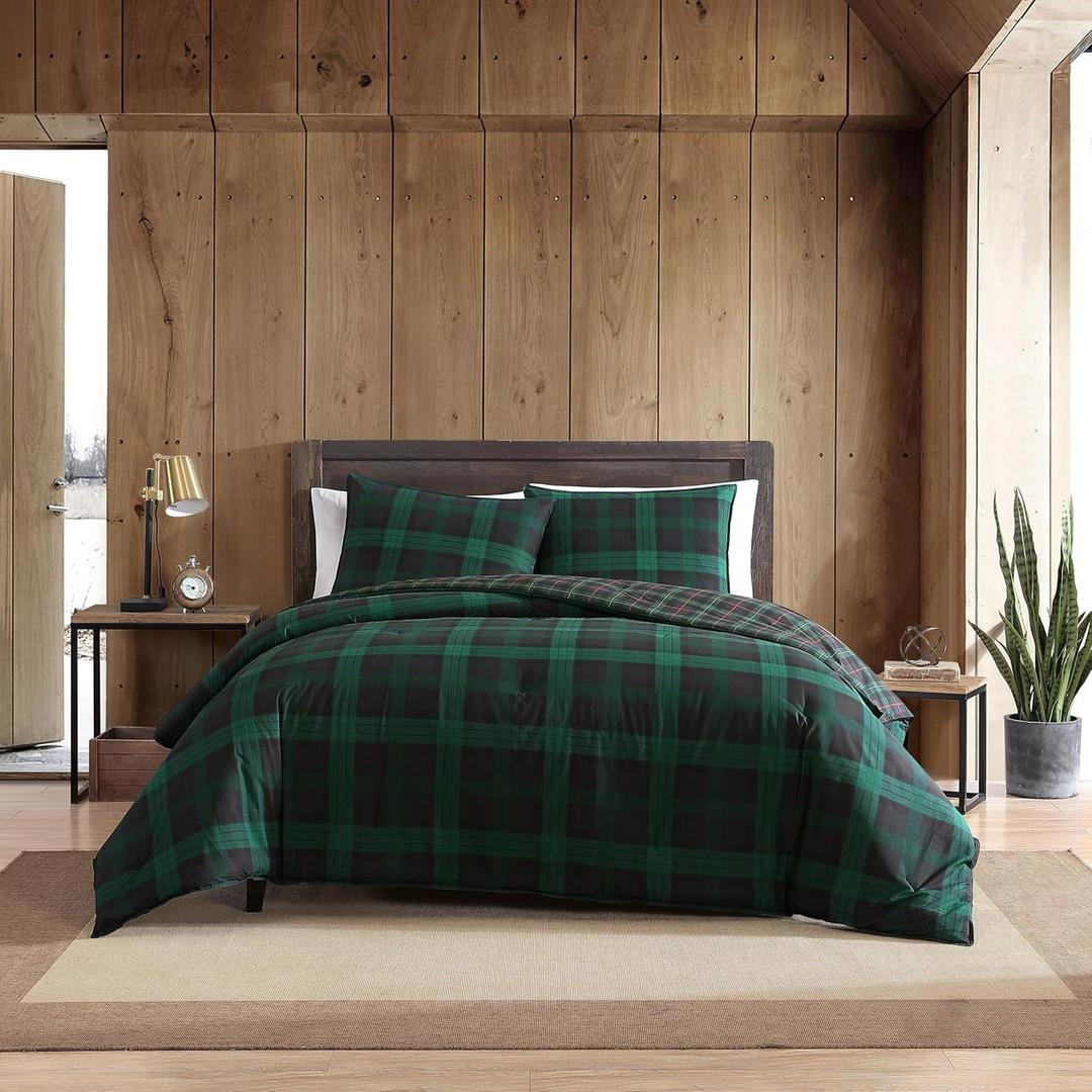 Eddie Bauer - Twin Duvet Cover Set, Reversible Flannel Bedding Set with Matching Sham, Medium-Weight, Dorm Essentials (Woodland Tartan Green)
