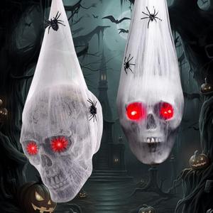 Halloween Decorations Outdoor 2 Packs Hanging Skull Decor Indoor Scaring Skull with Light up Eyes Spider Web Haunted House Hanging Skeleton Ghost for Yard Tree Decors Halloween Party Decor