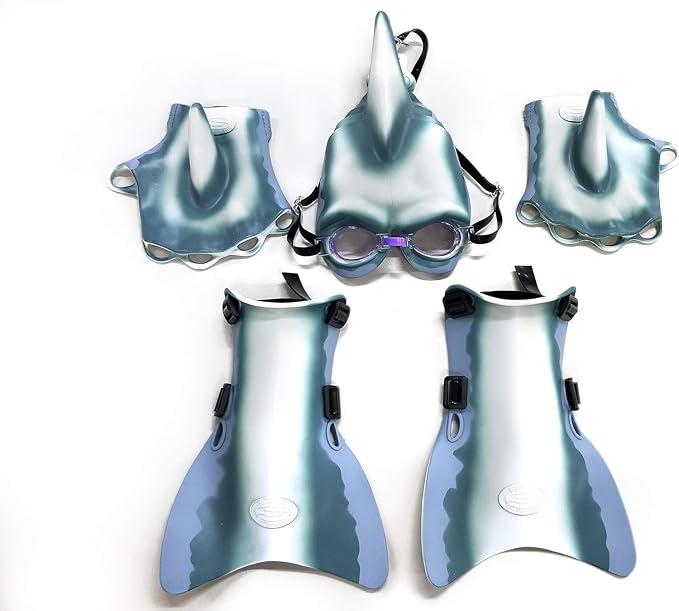 SHARKMAN Super Swimmer Shark Swim Gear for Kids – Great White Mask with Built-in Goggles, Dorsal Fin, Flippers & Web Gloves – NEW Improved Straps & Buckles – Fun Costume Pool Toy Ages 4-12