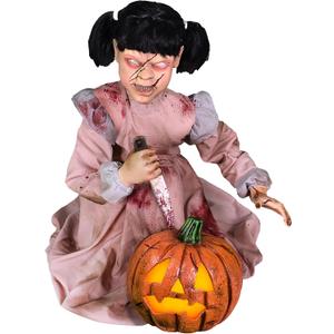 Haunted Hill Farm Lunging Pumpkin Carver Zombie Girl by Tekky, Motion-Activated Talking Halloween Animatronic for Indoor or Covered Outdoor Creepy Halloween Decorations, Plug-in or Battery Operated