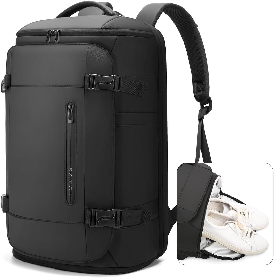 BANGE 40L Travel Backpack with Shoe Compartment, Large Capacity Weekender Bag Daypack Fits 17.3 Inch Laptop, Carry-on Luggage Backpack with Water Bottle Holder for Traveling, Hiking, Business (Black)