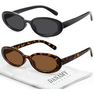 DANAMY Sunglasses Womens Retro Oval Sunglasses for Women Men Fashion Small Oval Sun Glasses 90s Vintage Driving Shades (A1 Black+leopard Frame-brown Lens)