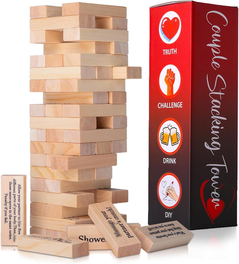 VKX 54 pcs Wooden Tumbling Tower Drinking Game, Block Stacking Game for Couples, Adult Date Night Blocks Best Gift for Couples- Ages 21+