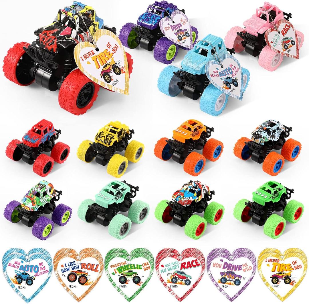 12 Set Valentines Day Die Cast Racing Cars Gift Cards for Students, Friction Powered Trucks Toys, Pull Back Cars Vehicles Truck Playset for Valentine's School Classroom Exchange Gifts Party Favor
