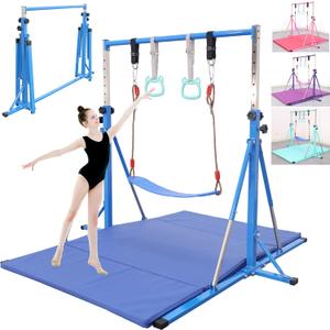 Foldable Gymnastics Bar,5FT Horizontal bar,Adjustable Kids Training bar for Kids Ages 3-15,Kids Gymnastics bar,Triangle Stable Structure-Gym Equipment for Home (Blue-Mat)