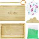 Wooden Sand Tray with Lid for Writing Letters and Numbers, Wooden Sand Writing Trays Montessori Sand Tray with Green Sand, Card, Pen for Drawing, 10.2 x 6.3 Inch