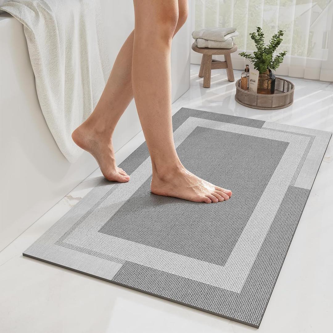 Non Slip Bath Mat, Rubber Backing Ultra Thin Bathroom Rugs Fit Under Door Quick Dry Super Absorbent Washable Bath Rug Shower Mat for Bathroom Floor Bathtub Shower Sink, Easy Care Gray 20"x 32"