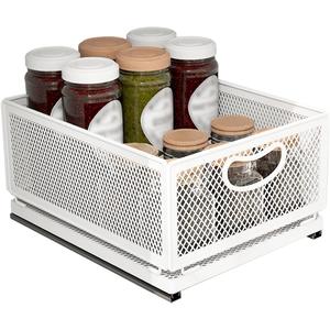 Sliding Cabinet Basket Organizer Drawer Self Adhesive Slide out Pantry Shelves Heavy Duty Carbon Steel Slide Cabinet Storage Basket with Handle for Bathroom Kitchen Home (Medium)