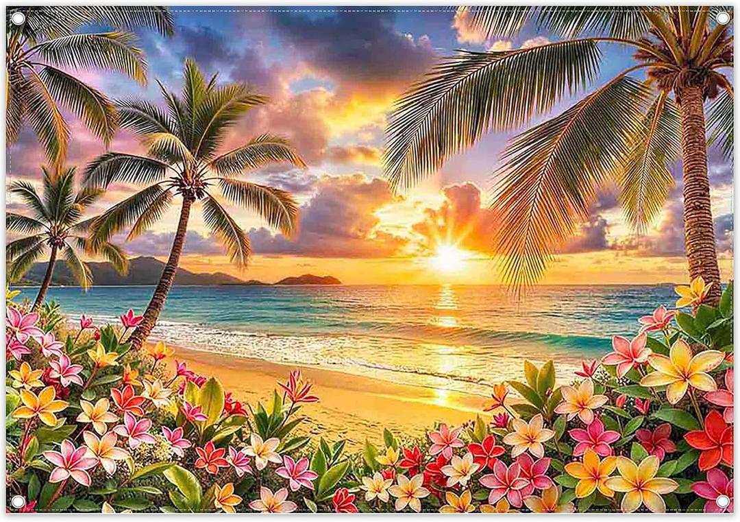 Fabric 7x5ft Beach Ocean Sunset Photography Backdrop Summer Hawaii Seaside Tropical Coconut Palm Trees Flowers Glow Background Luau Aloha Party Decorations Photo Banner