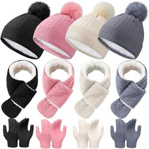 Jeere 12 Pcs Kids Hat Gloves Scarf Set for Winter 3-5 Toddler Pom Fleece Scarf Knit Cap Children for Boys Gift Girls(Black, White, Pink, Gray)