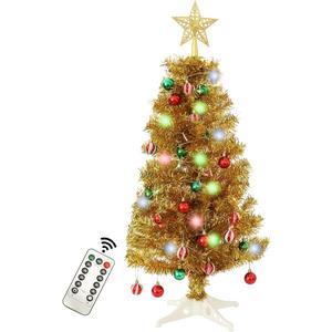 3 FT Artificial Christmas Tree, Gold Christmas Tree with 50 Multicolor Lights, 8 Lighting Modes Remote Control,15 Ball Ornaments Star Tree Topper, Small Xmas Tree for Home Decor