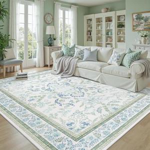 DCX Green 5x7 Rug, Kid & Pet Friendly with Rubber Back Non Slip, Machine Washable Stain Resistant Botanical Floral Rug for Living Room, Bedroom, Home Office, Soft Low Pile Large Nursery Carpet