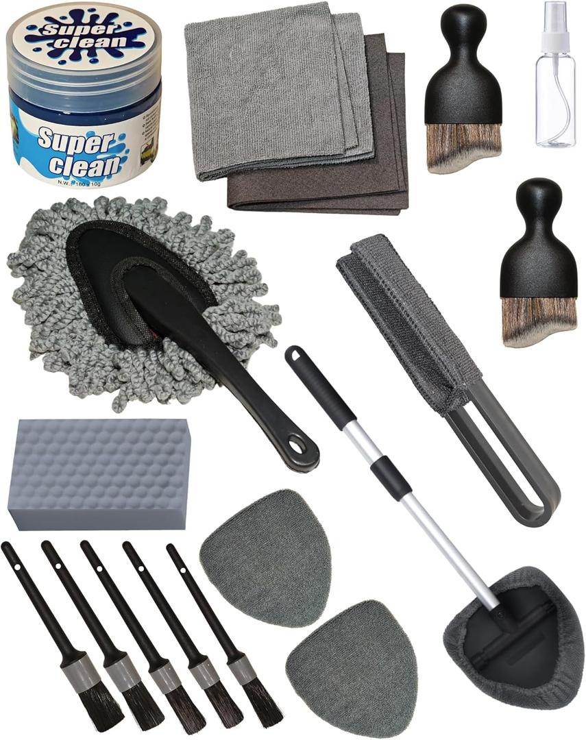18Pcs Professional Car Interior Detailing Kit All-in-One Cleaning Tools for Windows, Dashboard, Vents, Windshield Cleaner Brush, Magic Sponge, Chamois Cloth, Detailing Brushes & Accessories