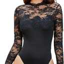 WDIRARA Women's Floral Lace Mock Neck Long Sleeve Mesh Sheer Skinny Bodysuit (Large, Black)