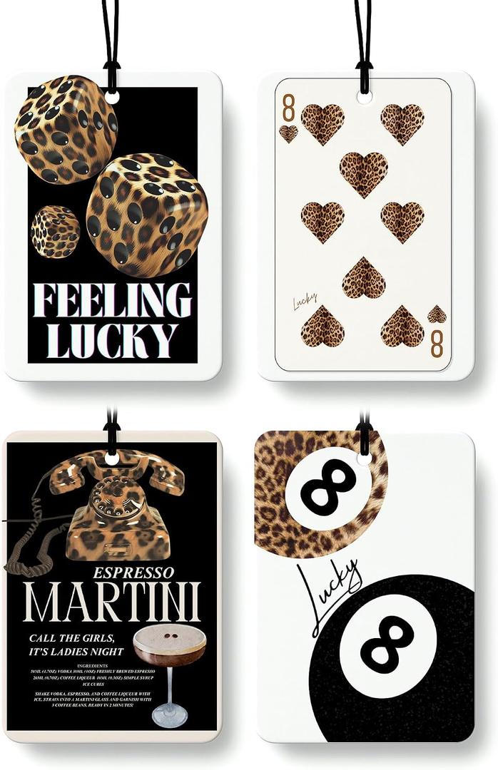 4 x Trendy Retro Cheetah Print Car Air Freshener 4 Pcs, Leopard Print Lucky 8 Ball Dice Hanging Air Freshener for Home Bar Cars Closet Drawer Books, Girly Car Accessories Mirror Decor for Women