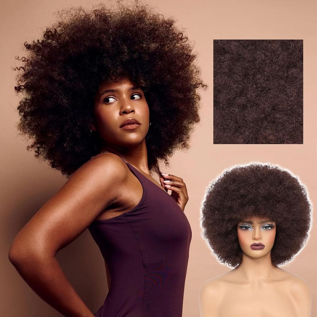 Brown Afro Wig 70s Afro Kinky Curly Wigs for Black Women Natural Looking Bouncy Huge Fluffy Puff Wig Synthetic Hair for Daily Cosplay and Party (10 Inch)