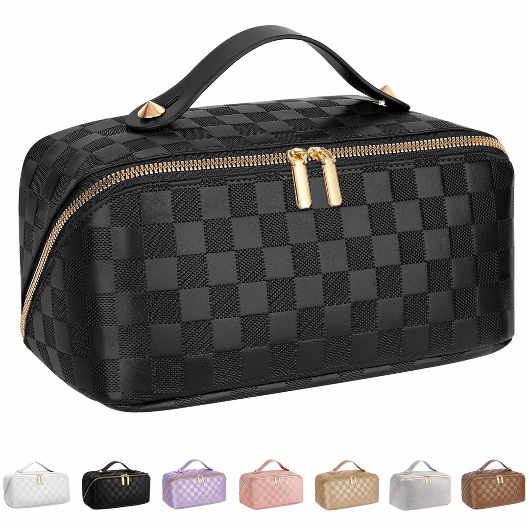 ALEXTINA Large Travel Makeup Bag Makeup Organizer with Collapsible Handle, Waterproof Cosmetic Bag for Women, Open Flat Toiletry Bag for Travel Essentials & Travel Size Toiletries,Khaki