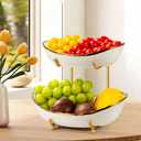2 Tier Ceramic Fruit Bowl, Fruit Basket for Kitchen Counter, Tiered Fruit Rack for Countertop, Modern Multi Large Capacity Serving Holder for Party Dessert, Vegetable, Snack(Gold&White)