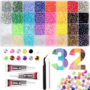 38000Pcs 32 Colors Jelly Rhinestones for Bedazzling, 3mm Resin Flatback Gems for Diamond Art, Bedazzler Kit with 3Pcs B7000 Jewelry Glue for Crafting Bedazzled Book Shoes Nail