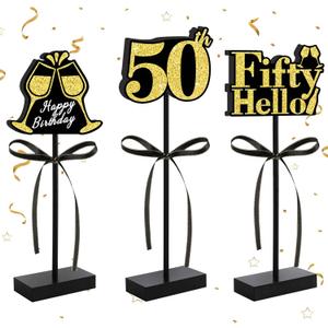50th Black Gold Glitter Centerpieces for 50th Birthday Table Decorations,Wood Signs Happy Fifty Years Old B-Day Table Topper for Men and Women Birthday Party Supplies (3 Pcs)