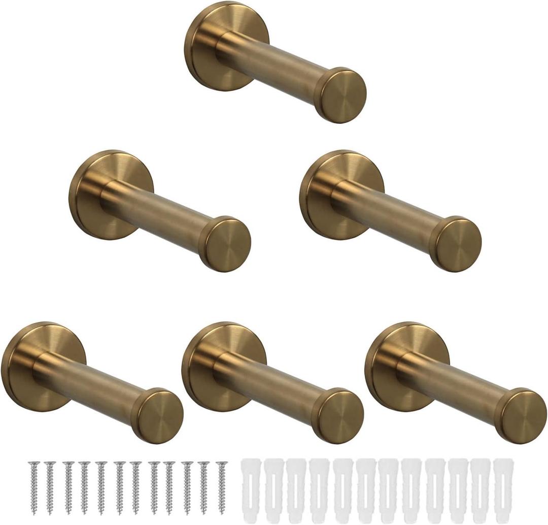 Bath Towel Hooks, 6 Pack Round Coat Hooks, Sturdy Wall Mounted Robe Hook, SUS 304 Stainless Steel Heavy Duty Clothes Hanger, Wall Towel Hooks for Bathroom Bedroom Kitchen (4 in, Gold)