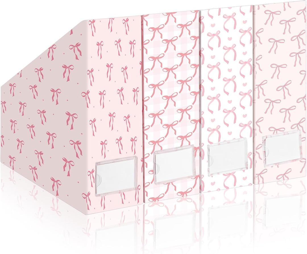 AmazingSpark Set of 4 Pink Bow Magazine File Holder Decorative Foldable Cardboard Magazine Storage Boxes with Acrylic Label Holders Coquettish Boho Organizer for Office Home Organization Storage
