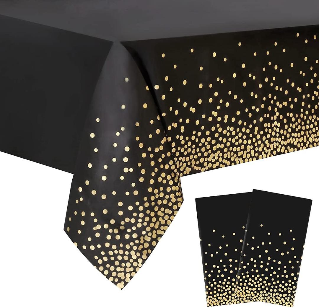 2 Packaging Black and Gold Plastic Tablecloth, 54 inch x108 inch Rectangular Disposable dot Party Table Cover, Suitable for Birthday, Graduation, Restaurant, Wedding Decoration Tablecloth
