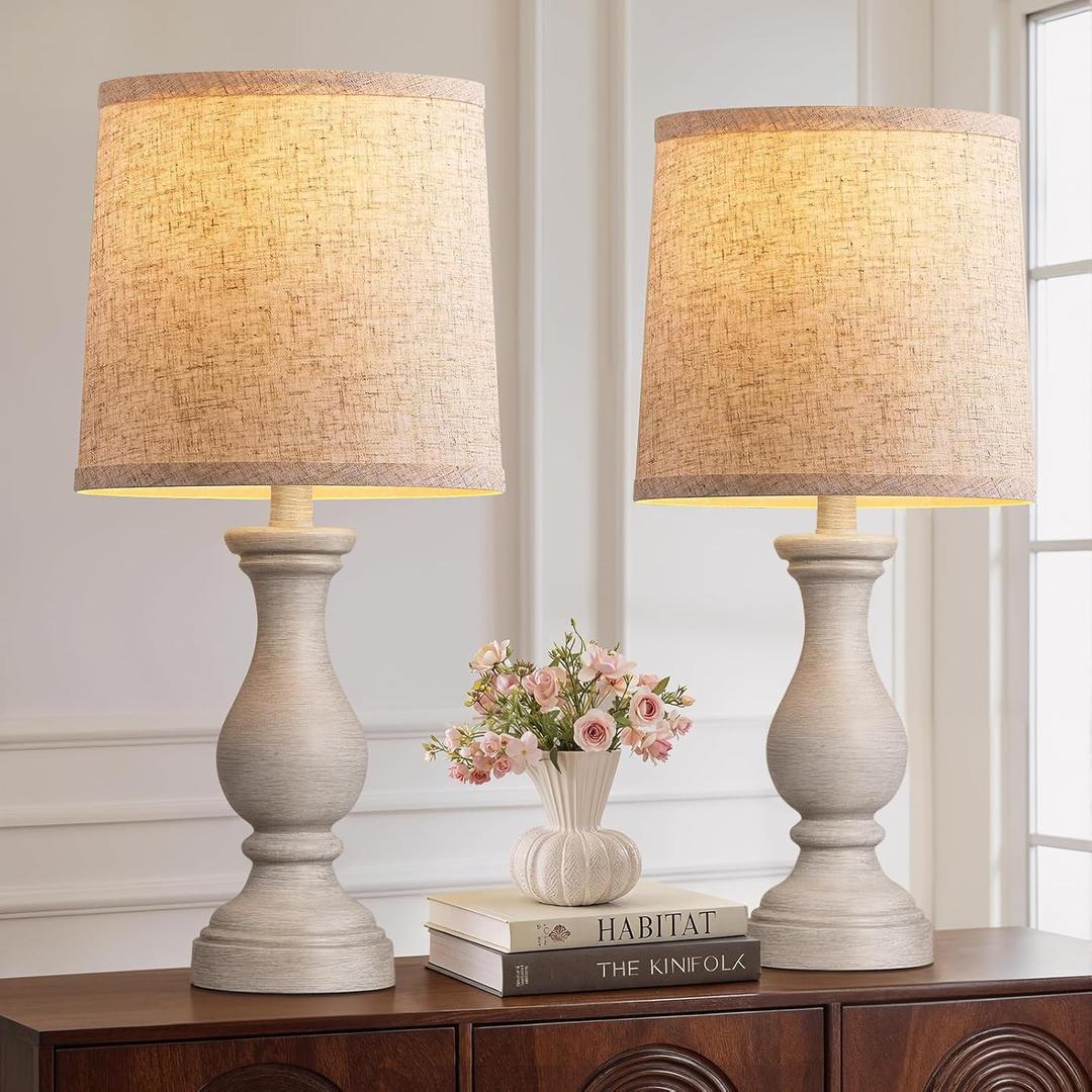Seealle Farmhouse Table Lamps Set of 2 - Rustic Bedroom Lamps for Living Room, 22" Boho Bedside Lamp for Night Stands End Table Office Desk Lamp Nightstand Clearance Decorating with Linen Shades (A. Antique Grey)