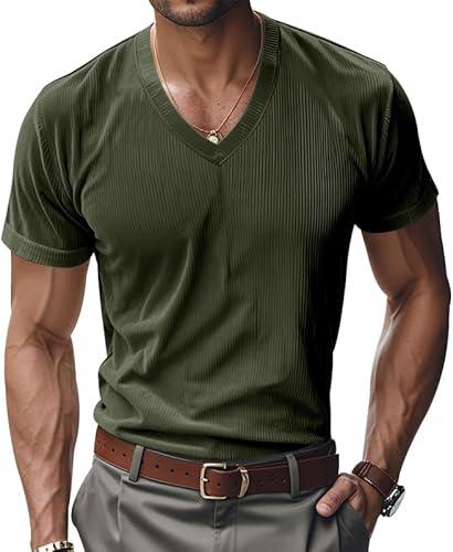 TAFLE Mens T Shirts Summer Short Sleeve V Neck T-Shirt Casual Corduroy Shirt Fitted Tee Shirt L