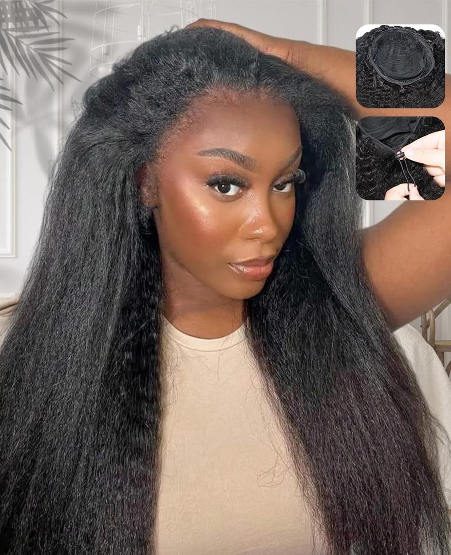 Kinky Straight Half Wig Human Hair 3 In 1 Half Wig Glueless Wigs Human Hair 200% Density Wear & Go Drawstring Seamless Flip Headband Wig for Women Beginner Friendly 22 Inch for Black Women